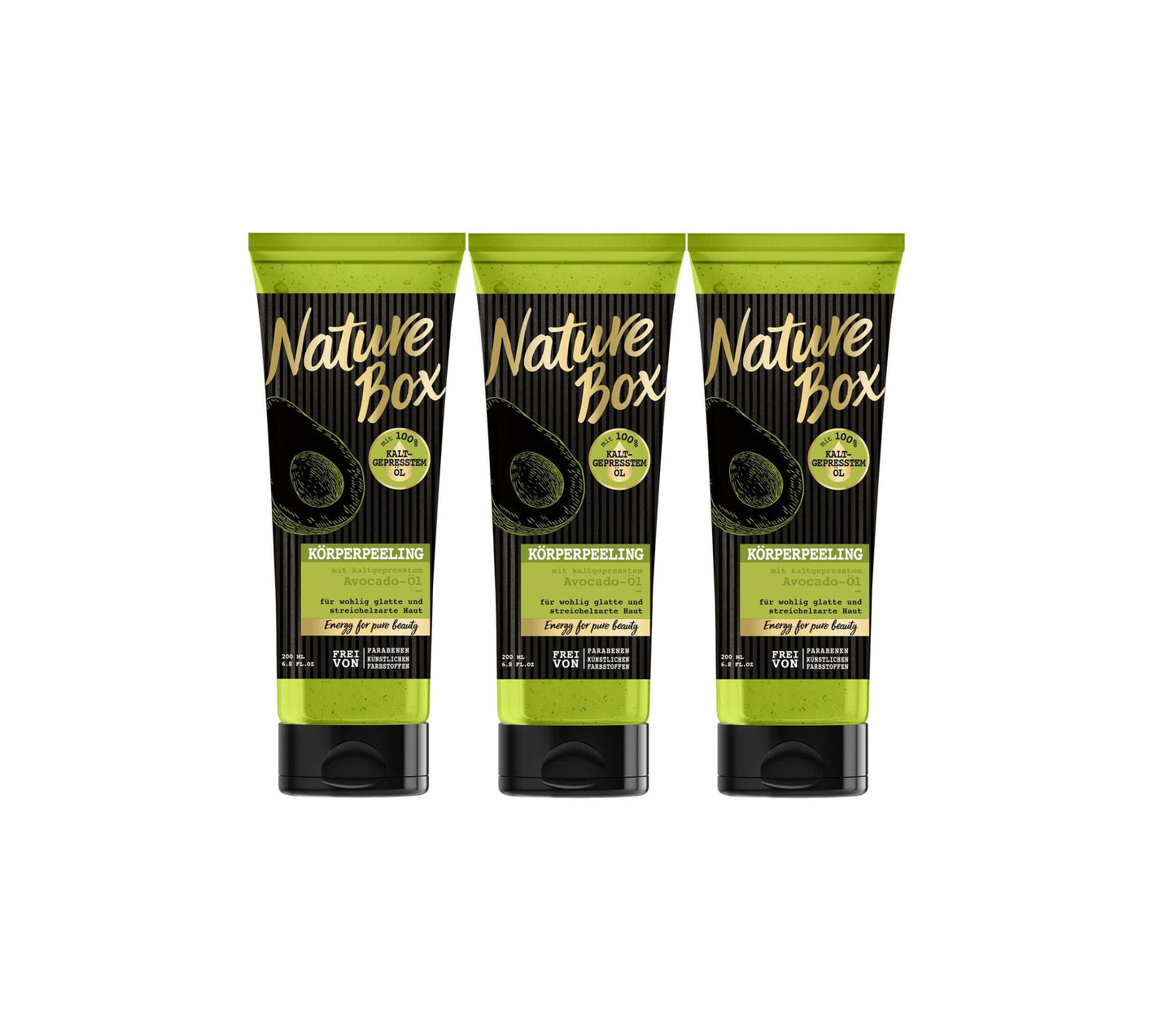 Nature Box KÖRPERPEELING 3 x 200ml mit Avocado Öl -vegan, frei von Parabenen