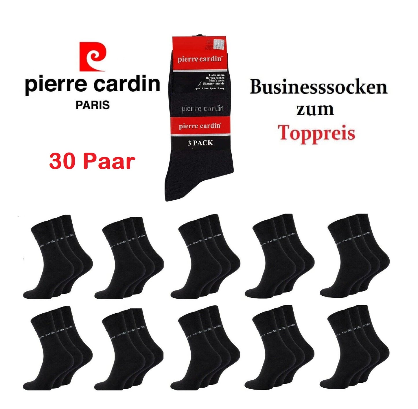 30 Paar Pierre Cardin Socken Herrensocken Herren Strümpfe Business-Socken black