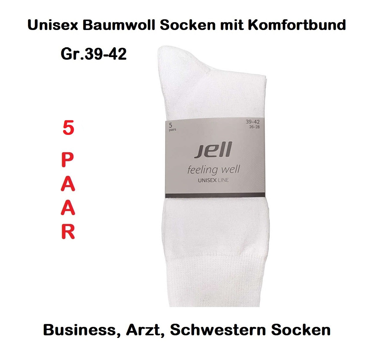 5 Paar Unisex Baumwoll Socken mit Komfortbund Gr.39-42 Weiß